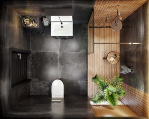 Kamienne i drewniane elementy w łazience
